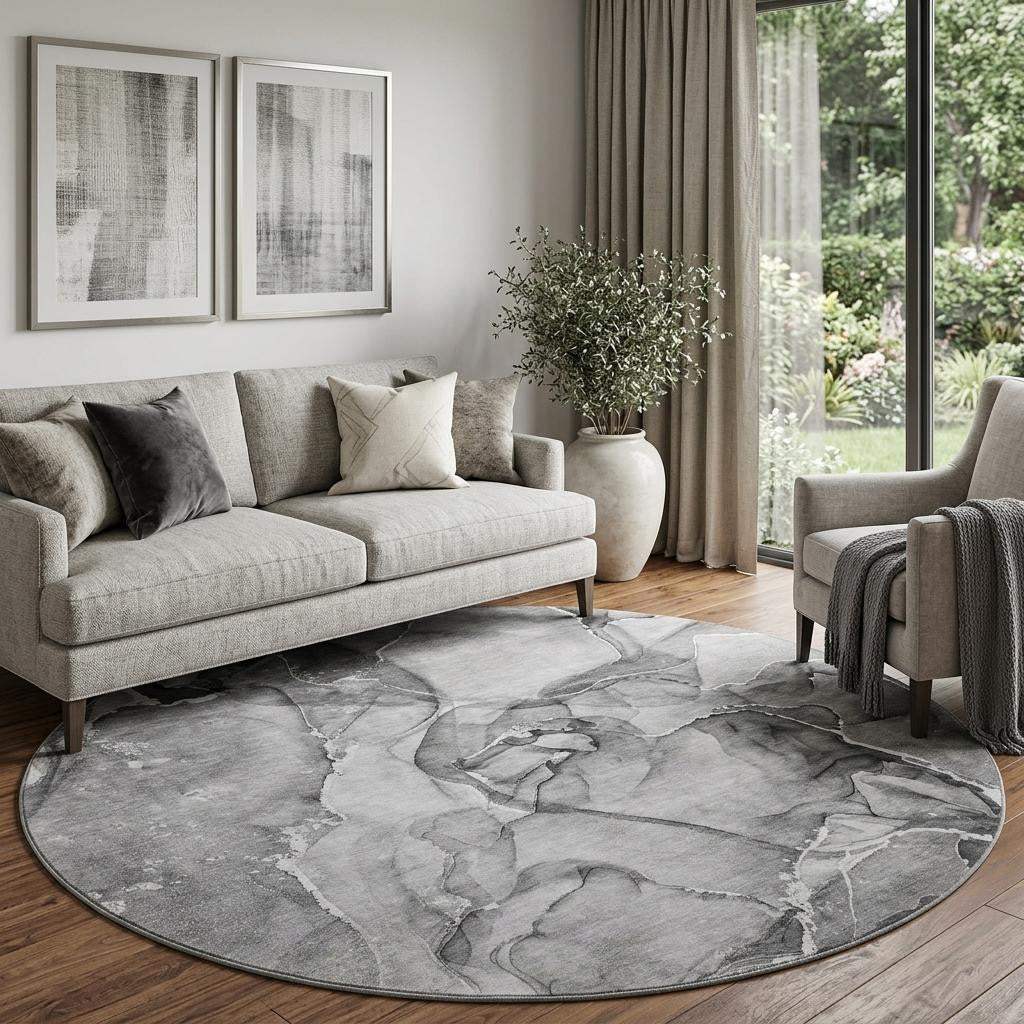 8' Pewter And Ivory Abstract Washable Round Rug With UV Protection - HomeRoots - Flyclothing LLC