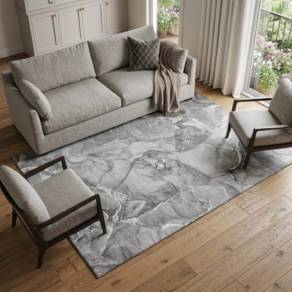 8' X 10' Pewter And Ivory Abstract Washable Area Rug With UV Protection - HomeRoots - Flyclothing LLC