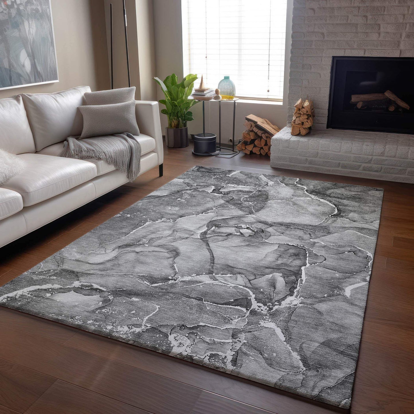 8' X 10' Pewter And Ivory Abstract Washable Area Rug With UV Protection - HomeRoots - Flyclothing LLC