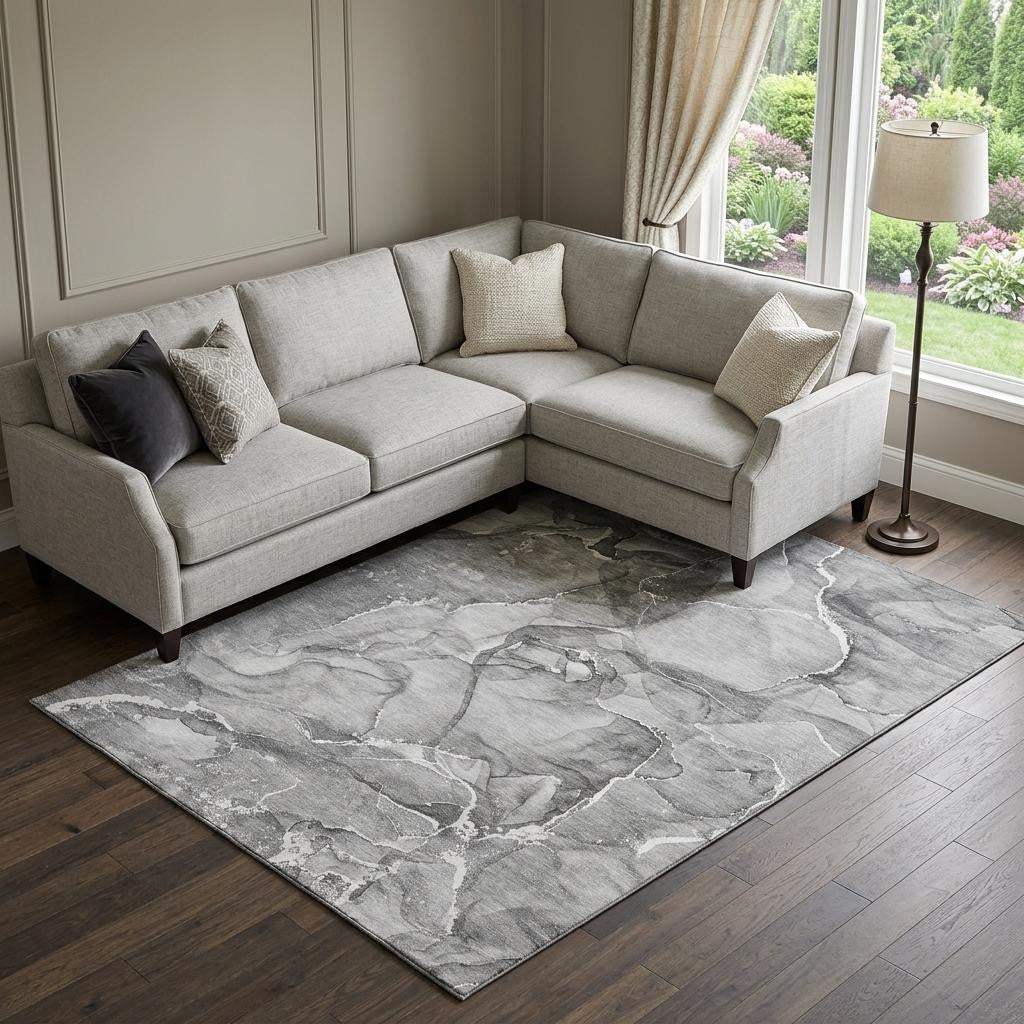 9' X 12' Pewter And Ivory Abstract Washable Area Rug With UV Protection - HomeRoots - Flyclothing LLC