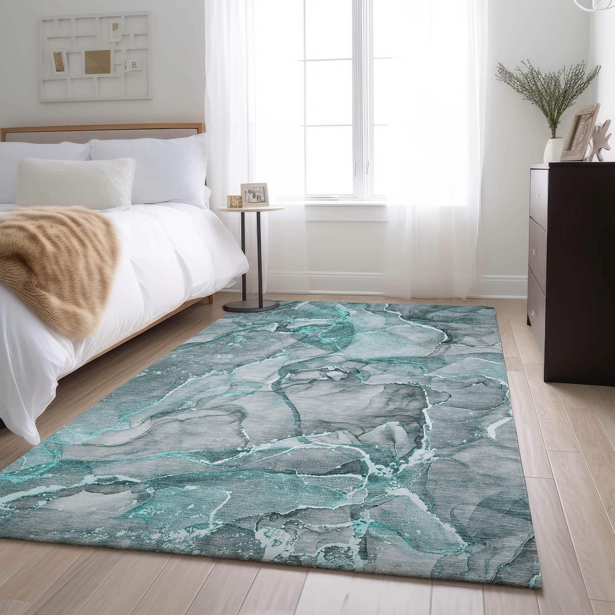 3' X 5' Teal And Ivory Abstract Washable Area Rug With UV Protection - HomeRoots - Flyclothing LLC