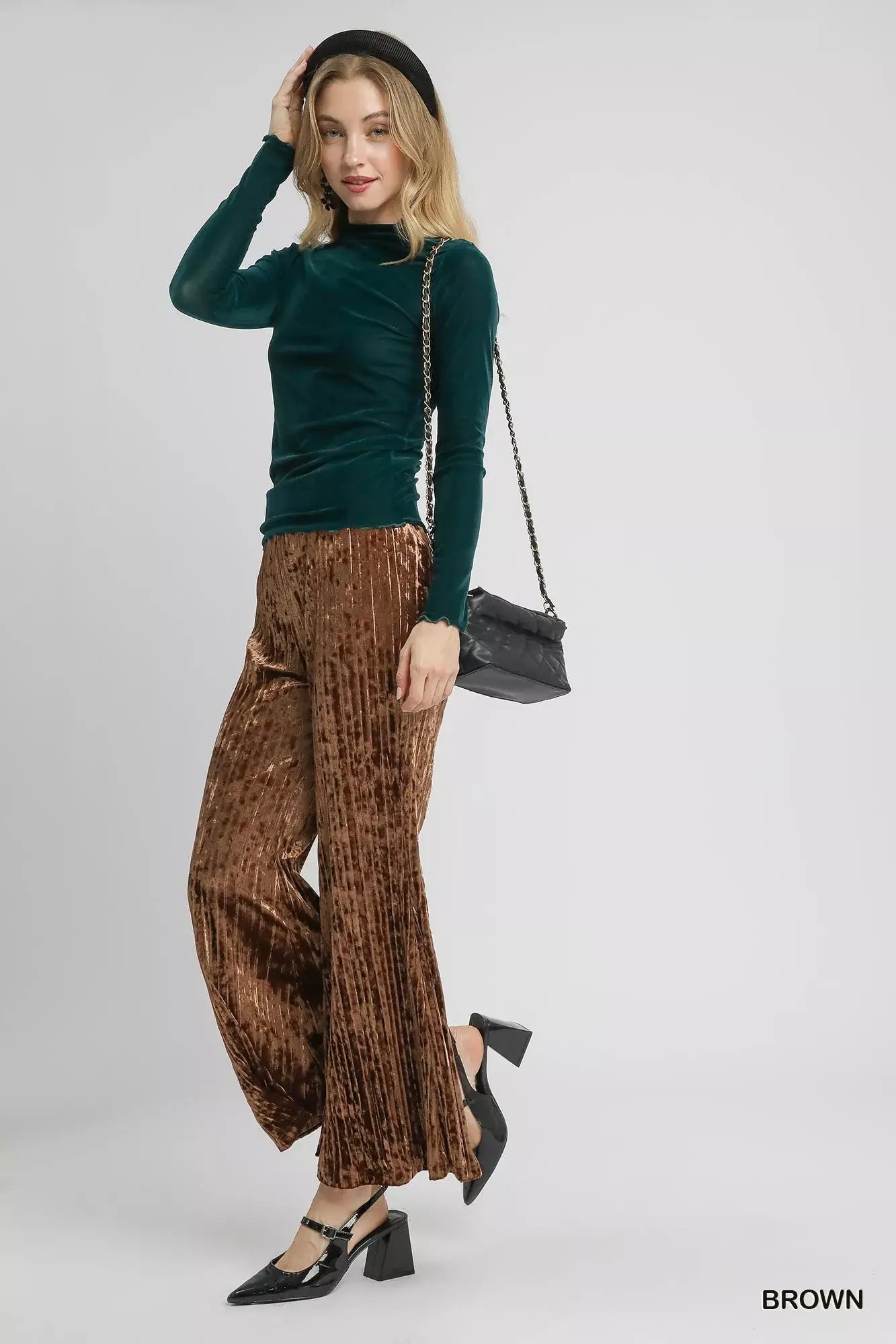 Umgee Velvet Pleated Wide Leg Pants - Trendsi - Flyclothing LLC