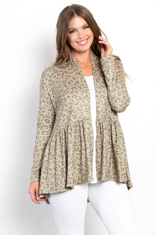 Be Stage Full Size Peplum Leopard Open Front Long Sleeve Cardigan - Trendsi