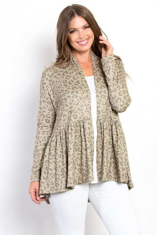 Be Stage Full Size Peplum Leopard Open Front Long Sleeve Cardigan - Trendsi - Flyclothing LLC