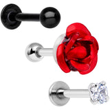 16G 1/4 Clear Gem Red Rose Flower Cartilage Tragus Earring Set of 3 - BodyCandy - Flyclothing LLC