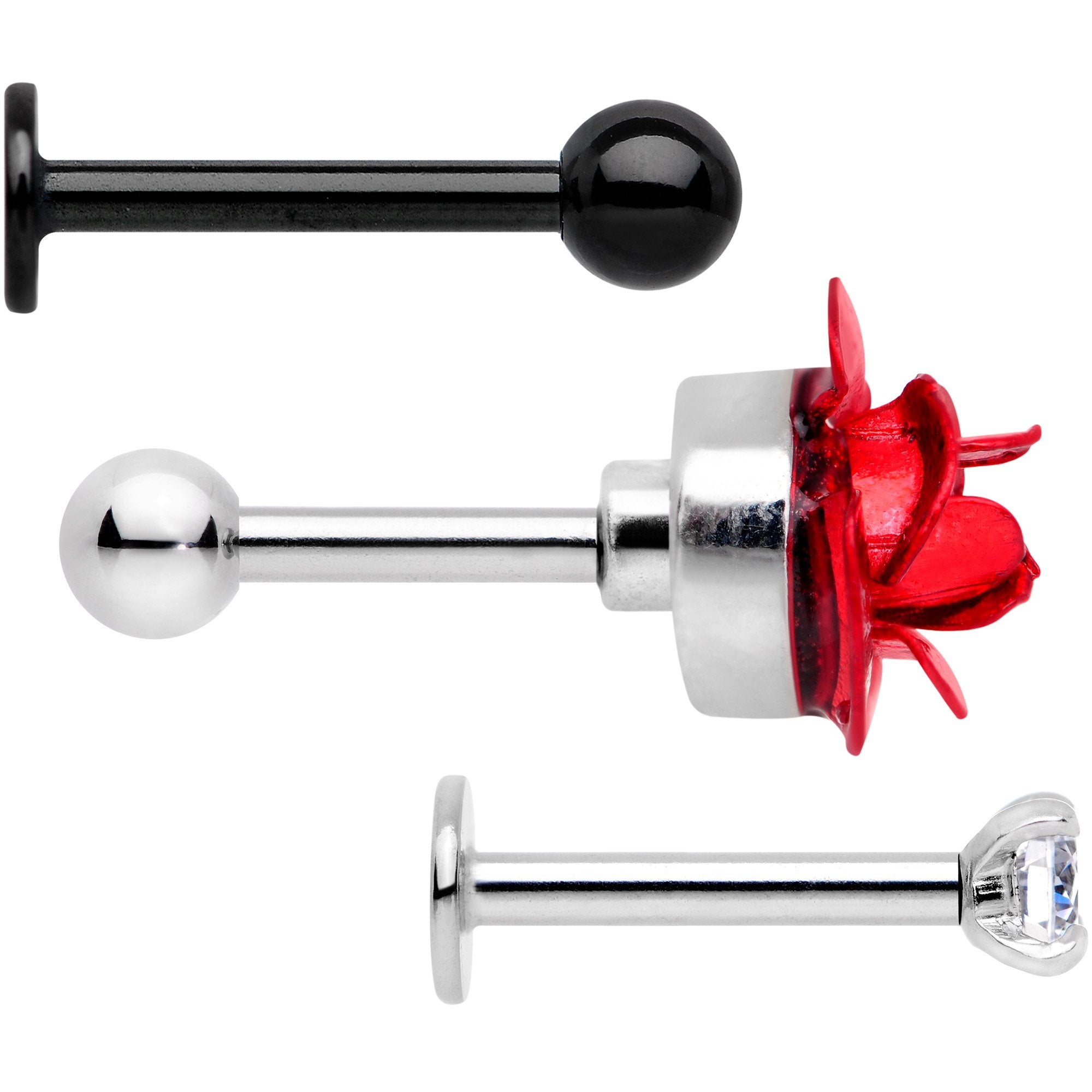 16G 1/4 Clear Gem Red Rose Flower Cartilage Tragus Earring Set of 3 - BodyCandy - Flyclothing LLC
