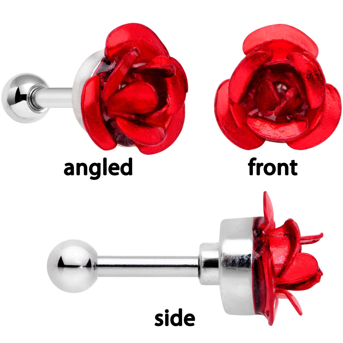 16G 1/4 Clear Gem Red Rose Flower Cartilage Tragus Earring Set of 3 - BodyCandy - Flyclothing LLC