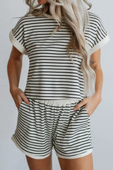 Striped Contrast Top and Shorts Set - Trendsi - Flyclothing LLC
