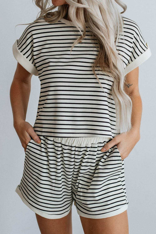 Striped Contrast Top and Shorts Set - Trendsi - Flyclothing LLC