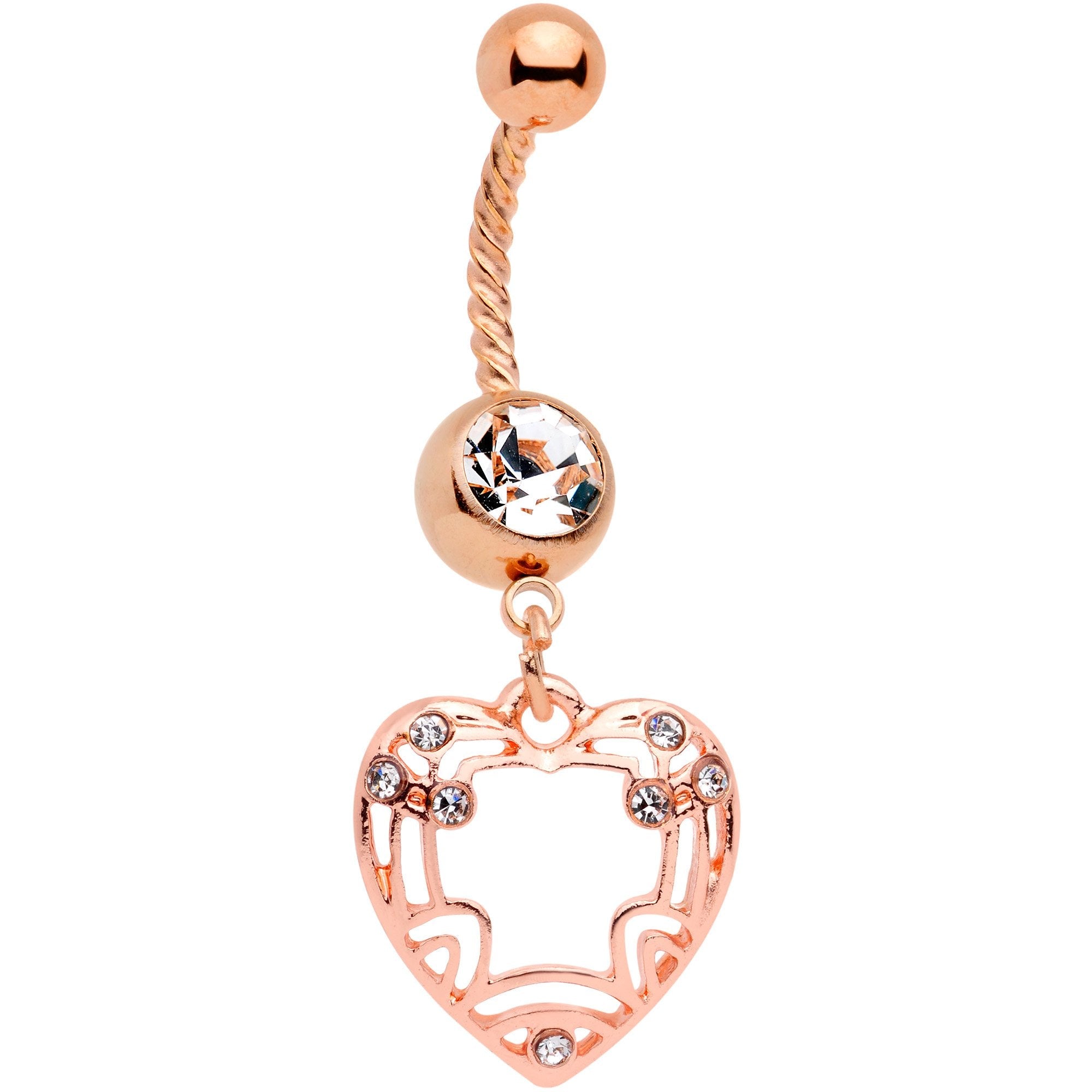 Clear Gem Rose Gold Tone Art Deco Heart Twisted Dangle Belly Ring - BodyCandy - Flyclothing LLC