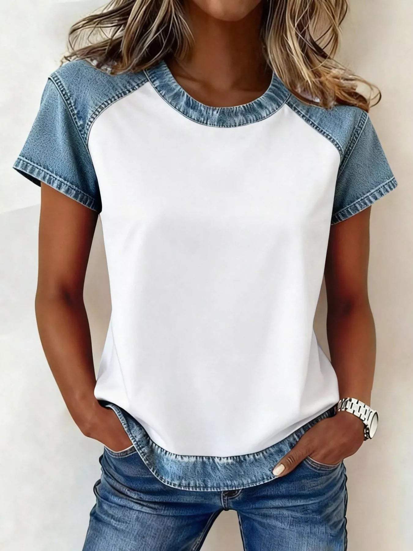 Denim Patchwork Short Sleeve Blouse - Trendsi - Flyclothing LLC