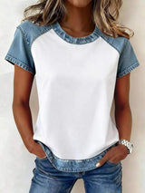 Denim Patchwork Short Sleeve Blouse - Trendsi - Flyclothing LLC