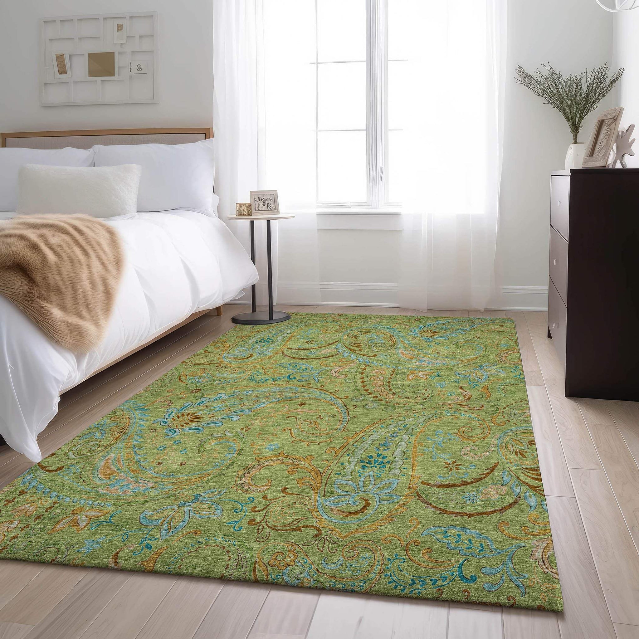 3' X 5' Fern Green And Blue Paisley Washable Area Rug With UV Protection - HomeRoots - Flyclothing LLC