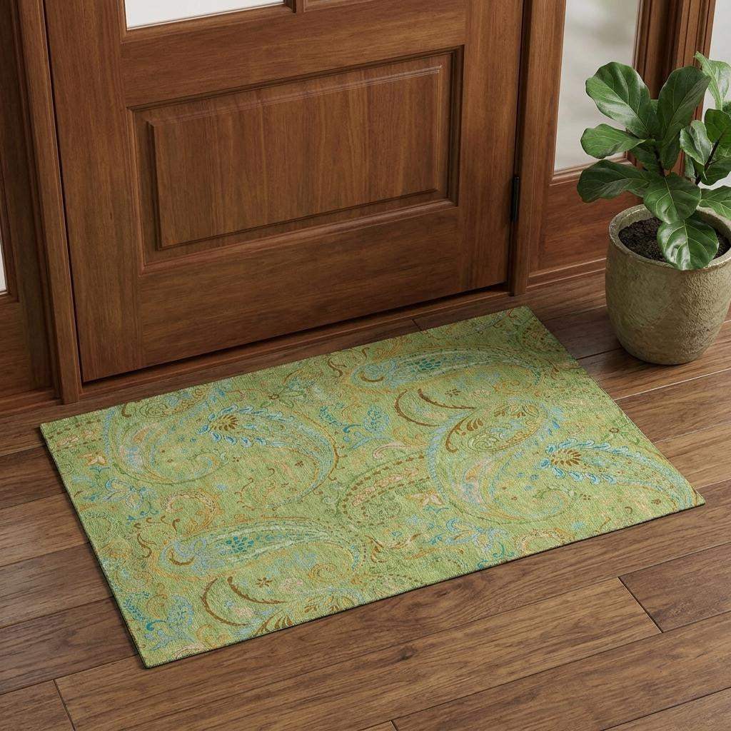 3' X 5' Fern Green And Blue Paisley Washable Area Rug With UV Protection - HomeRoots - Flyclothing LLC