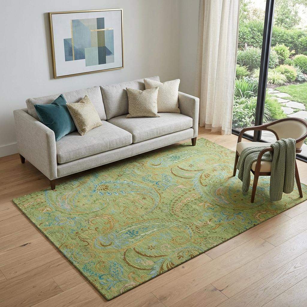 5' X 8' Fern Green And Blue Paisley Washable Area Rug With UV Protection - HomeRoots - Flyclothing LLC