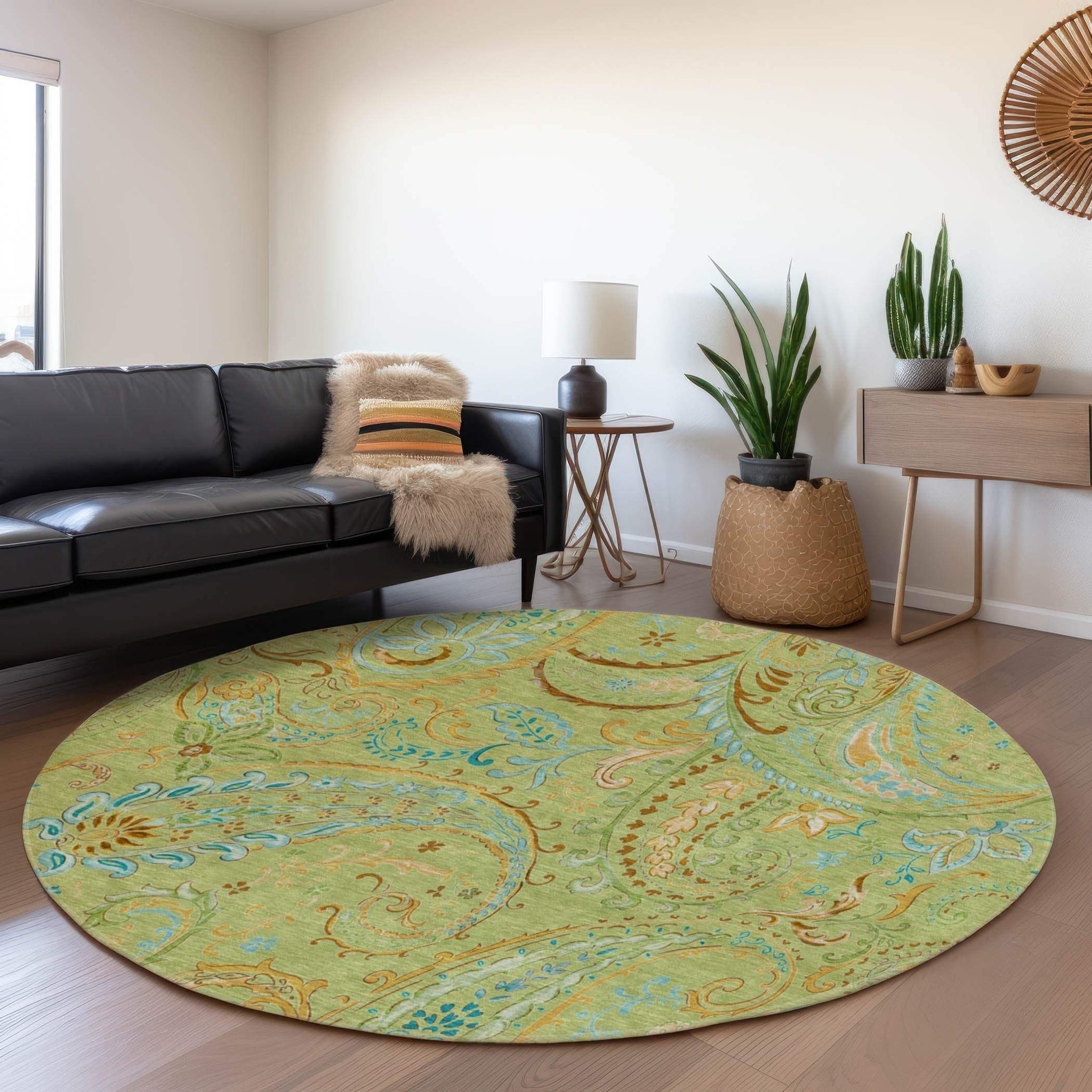 8' Fern Green And Blue Paisley Washable Round Rug With UV Protection - HomeRoots - Flyclothing LLC