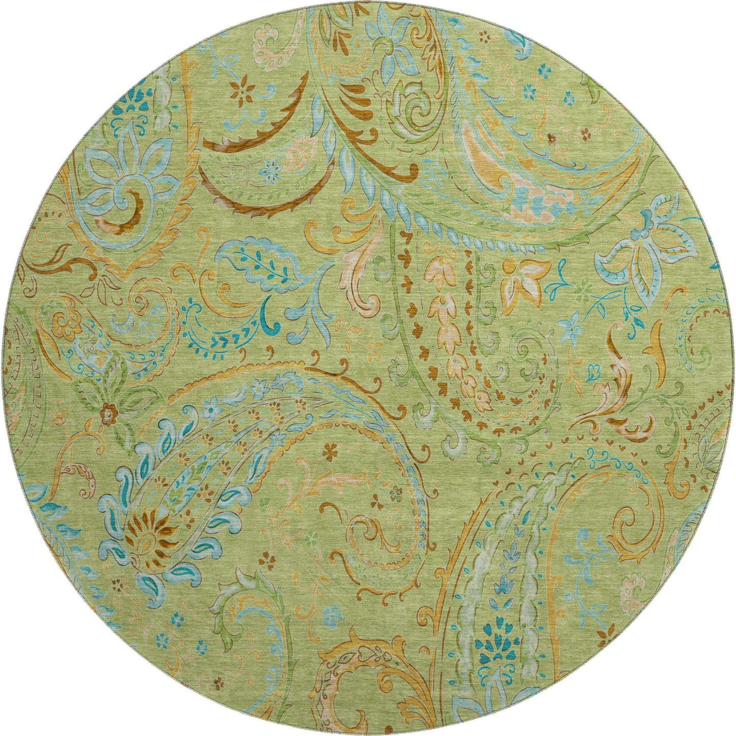 8' Fern Green And Blue Paisley Washable Round Rug With UV Protection - HomeRoots - Flyclothing LLC