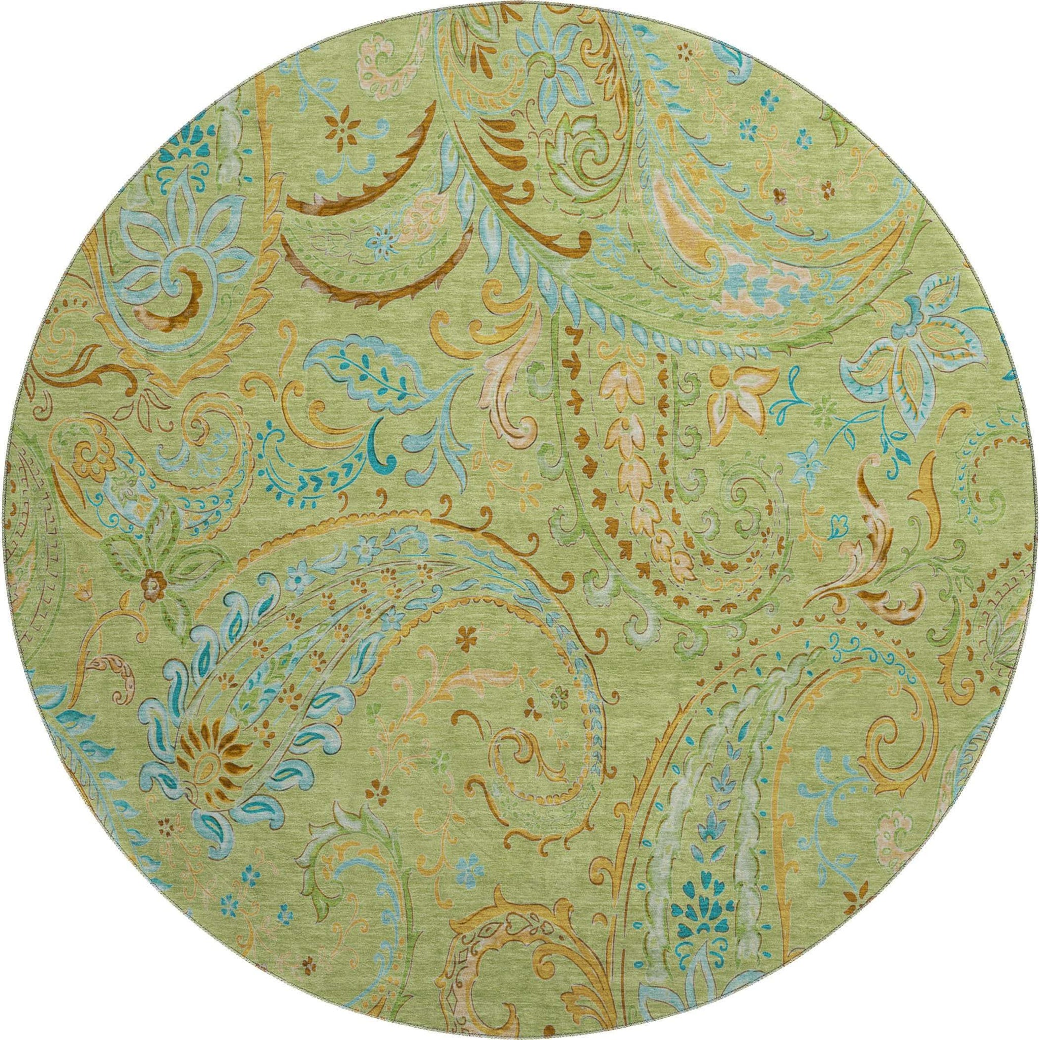 8' Fern Green And Blue Paisley Washable Round Rug With UV Protection - HomeRoots - Flyclothing LLC