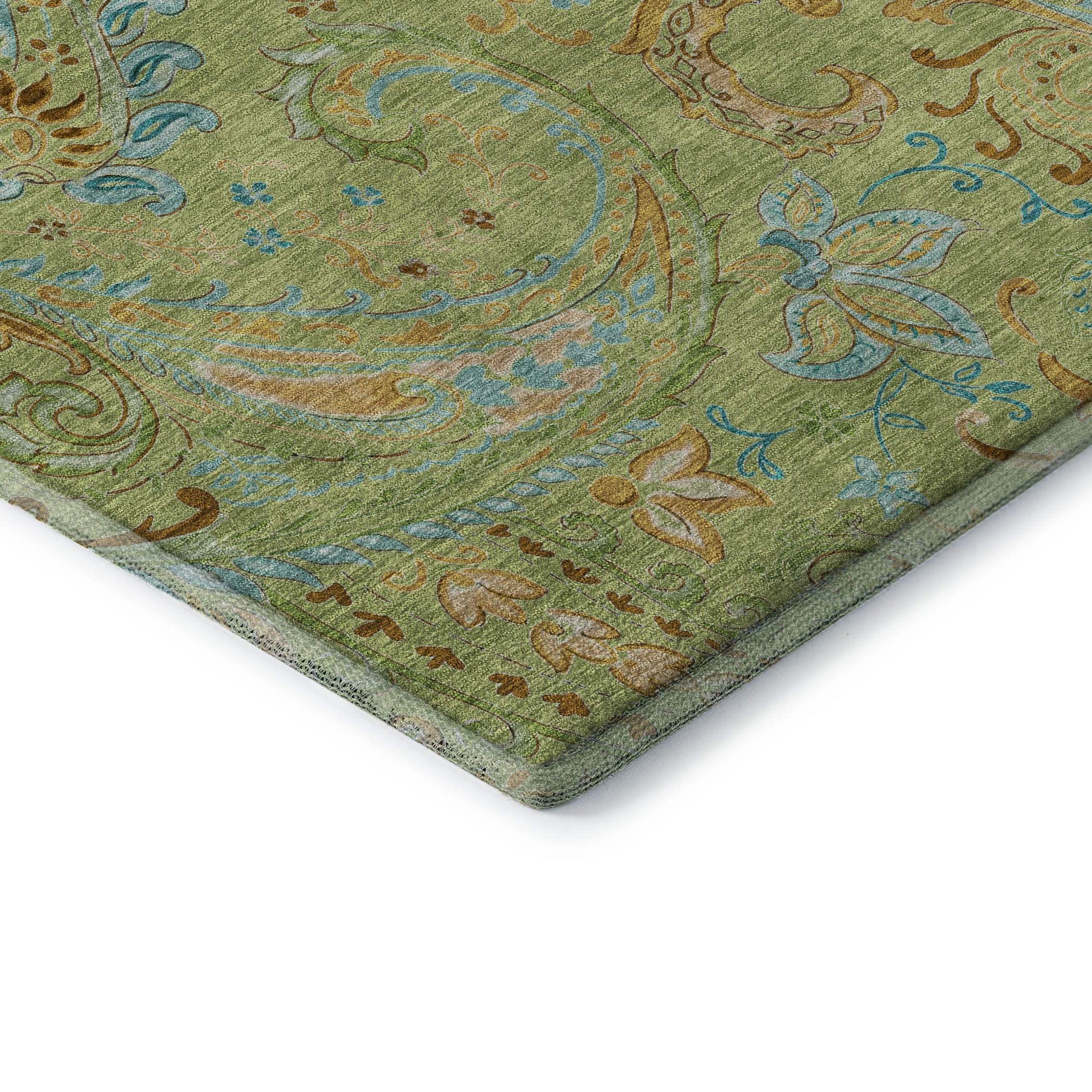 8' Fern Green And Blue Paisley Washable Round Rug With UV Protection - HomeRoots - Flyclothing LLC