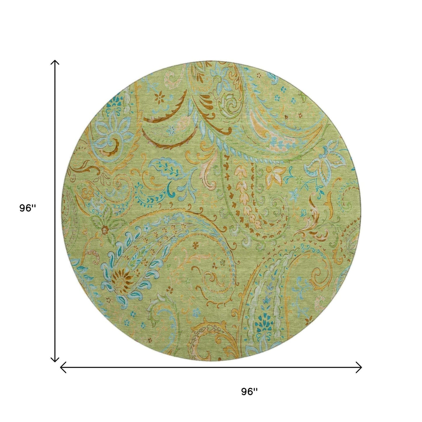 8' Fern Green And Blue Paisley Washable Round Rug With UV Protection - HomeRoots - Flyclothing LLC