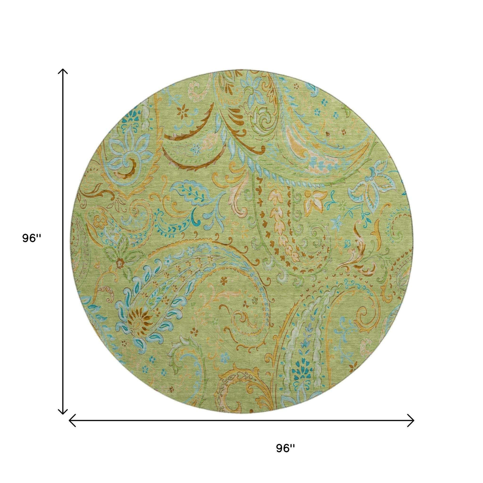 8' Fern Green And Blue Paisley Washable Round Rug With UV Protection - HomeRoots - Flyclothing LLC