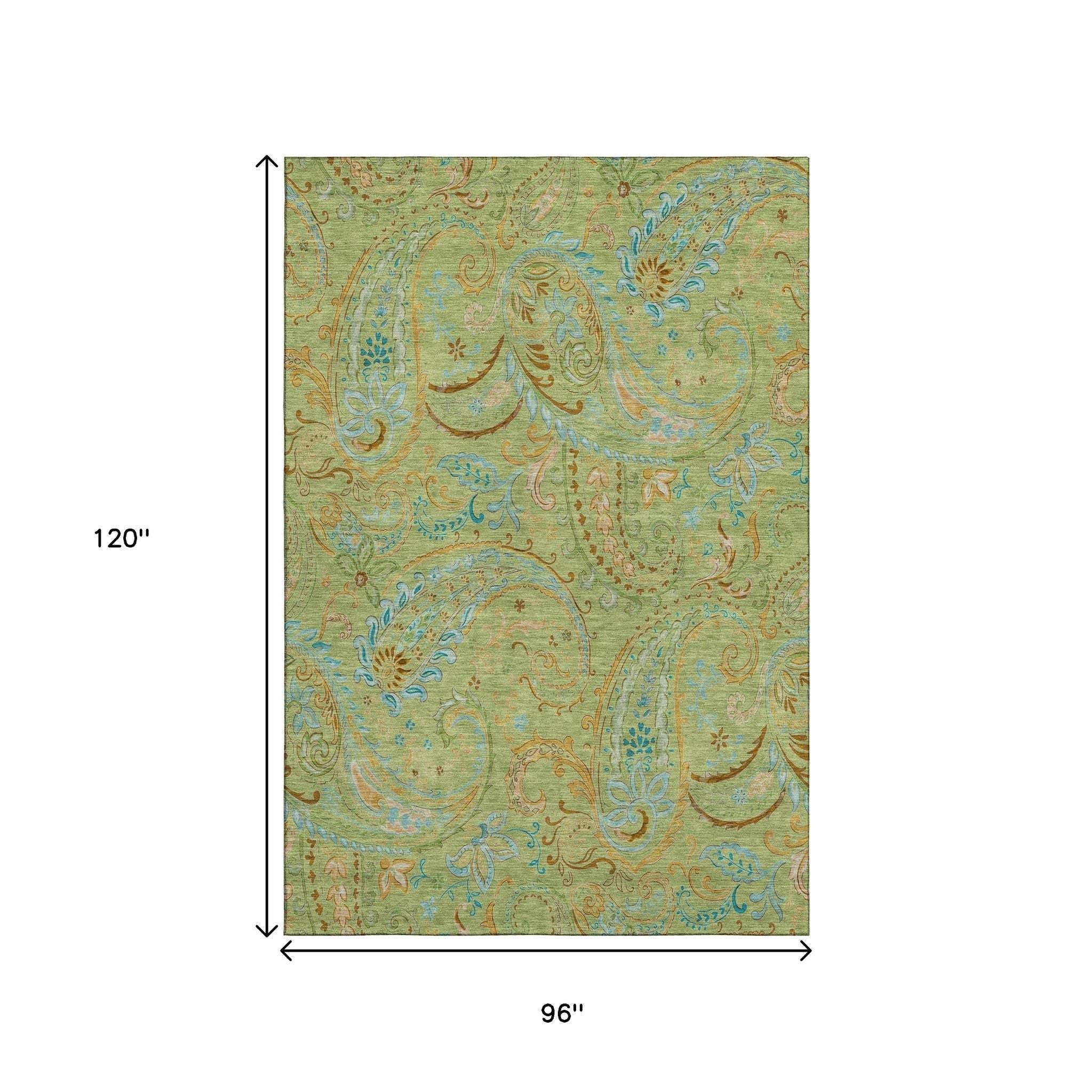 8' X 10' Fern Green And Blue Paisley Washable Area Rug With UV Protection - HomeRoots - Flyclothing LLC