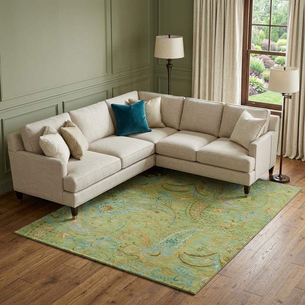 8' X 10' Fern Green And Blue Paisley Washable Area Rug With UV Protection - HomeRoots - Flyclothing LLC