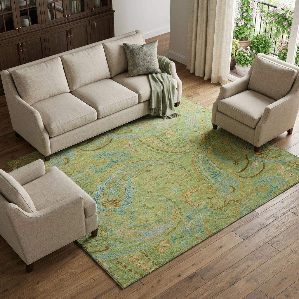 9' X 12' Fern Green And Blue Paisley Washable Area Rug With UV Protection - HomeRoots - Flyclothing LLC