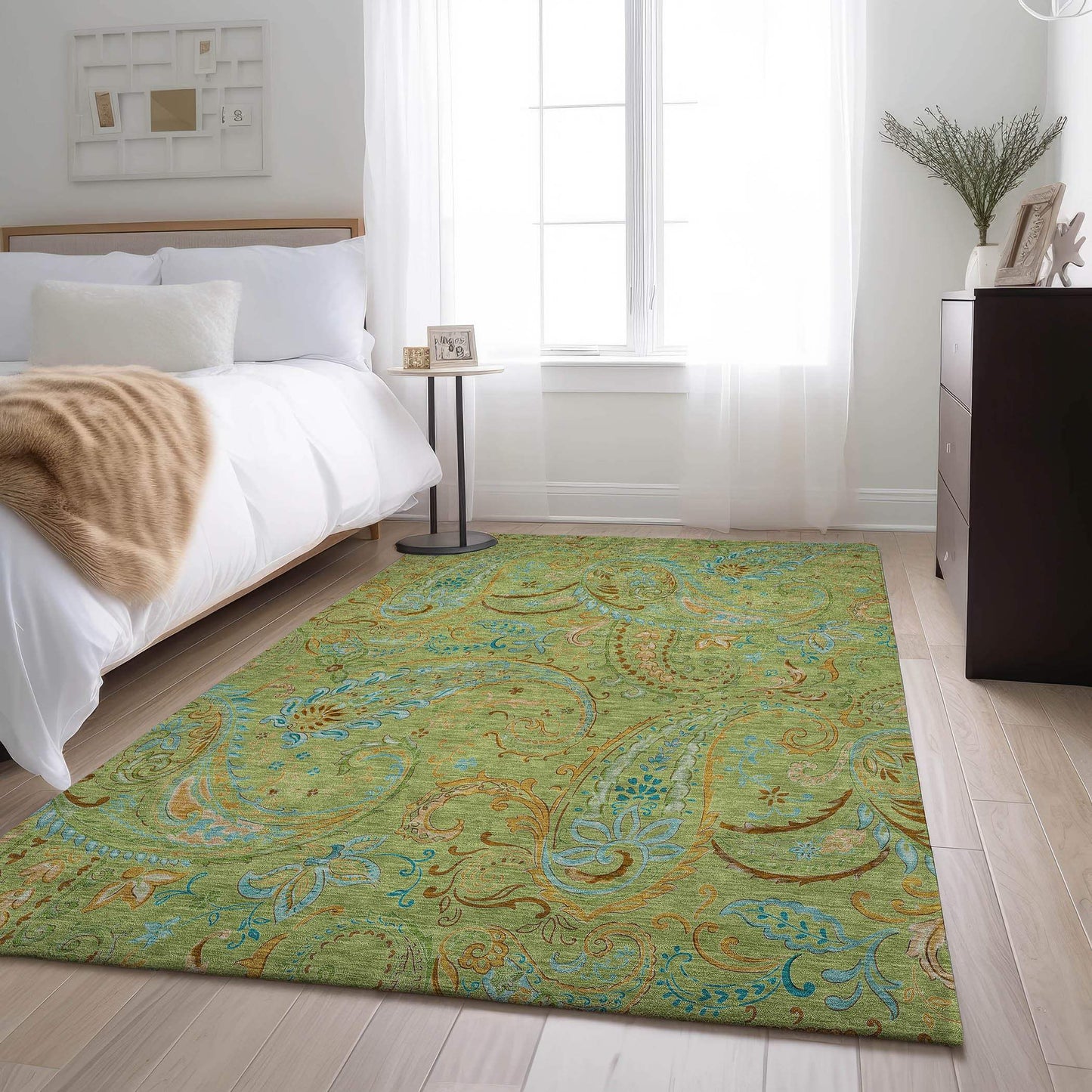 10' X 14' Fern Green And Blue Paisley Washable Area Rug With UV Protection - HomeRoots - Flyclothing LLC