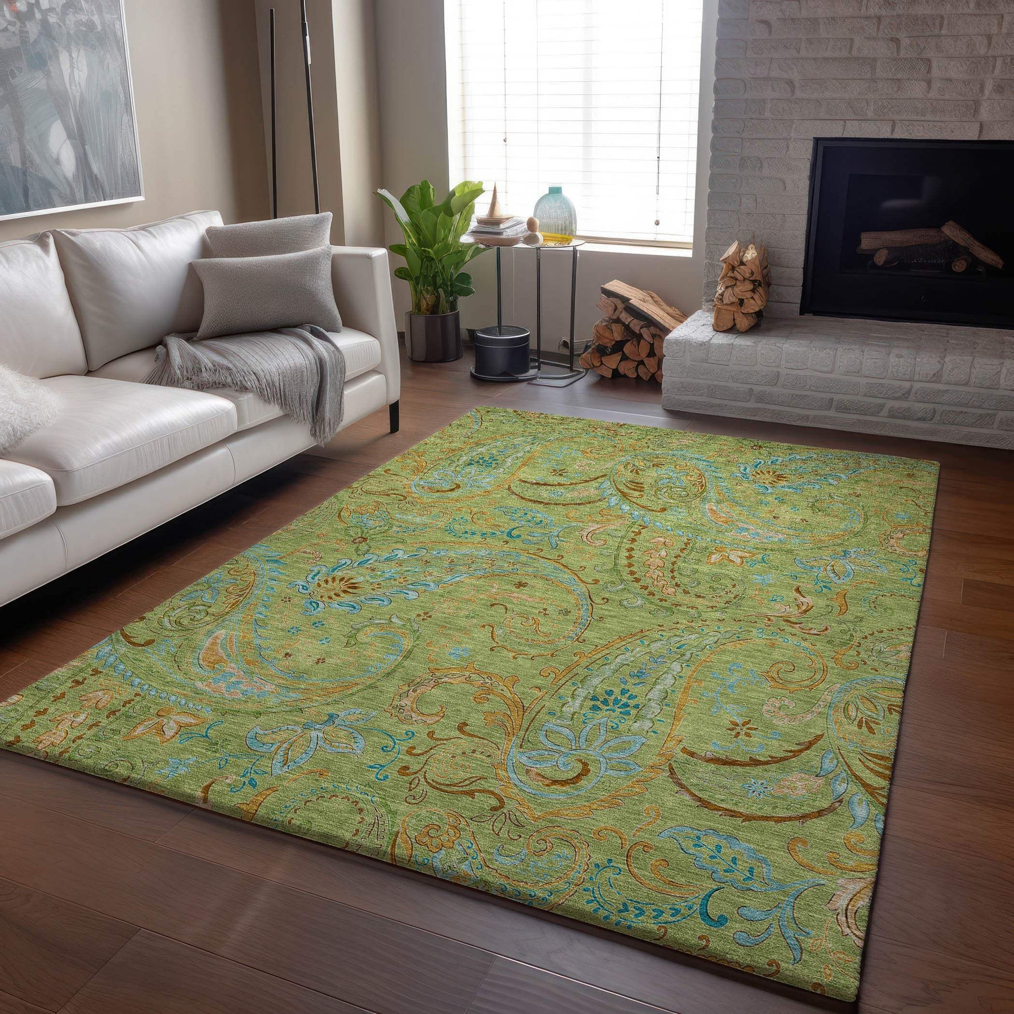 10' X 14' Fern Green And Blue Paisley Washable Area Rug With UV Protection - HomeRoots - Flyclothing LLC