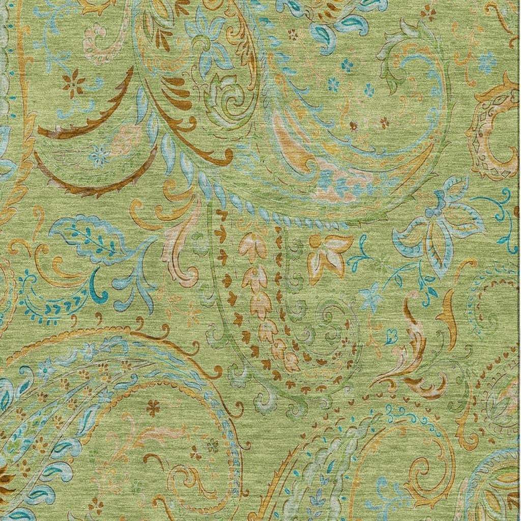 10' X 14' Fern Green And Blue Paisley Washable Area Rug With UV Protection - HomeRoots - Flyclothing LLC