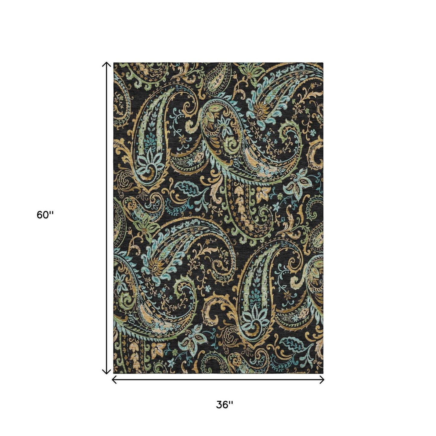 3' X 5' Black Blue And Green Paisley Washable Area Rug With UV Protection - HomeRoots - Flyclothing LLC