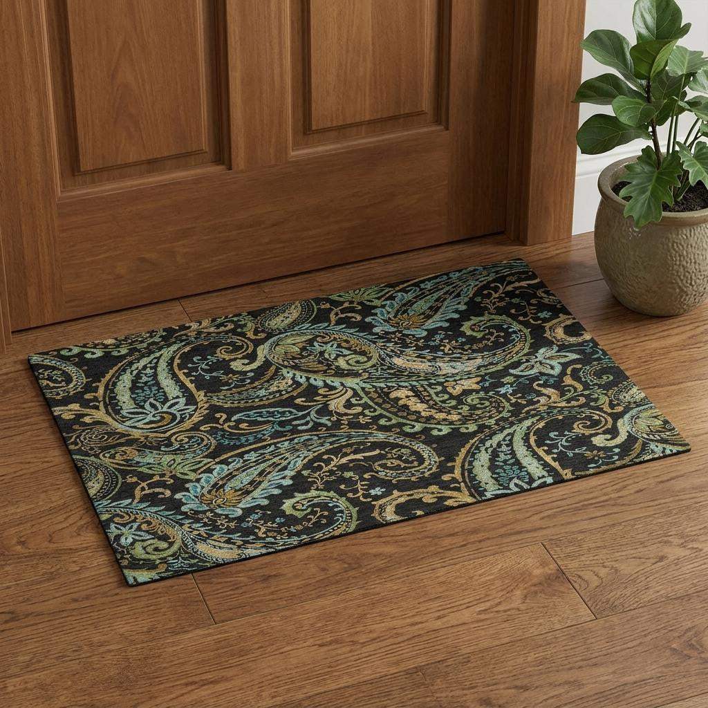 3' X 5' Black Blue And Green Paisley Washable Area Rug With UV Protection - HomeRoots - Flyclothing LLC