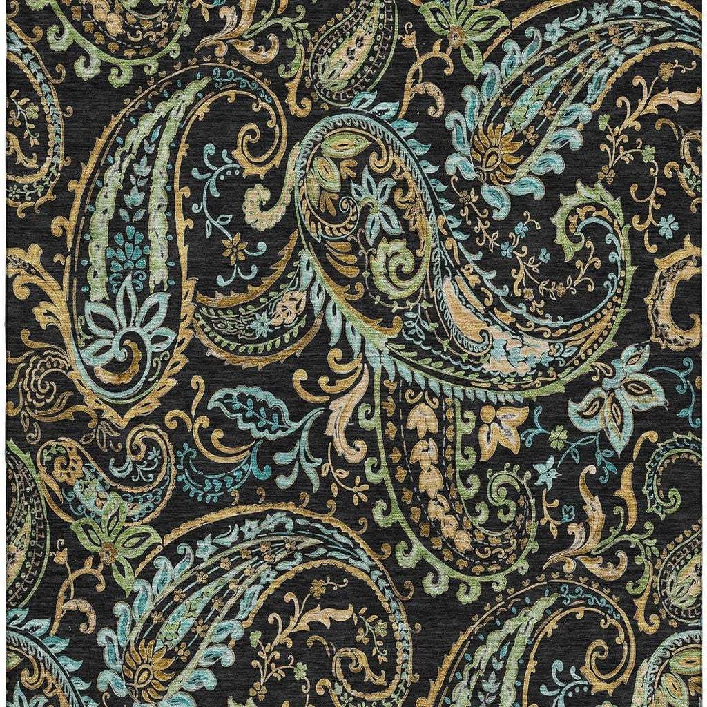 3' X 5' Black Blue And Green Paisley Washable Area Rug With UV Protection - HomeRoots - Flyclothing LLC