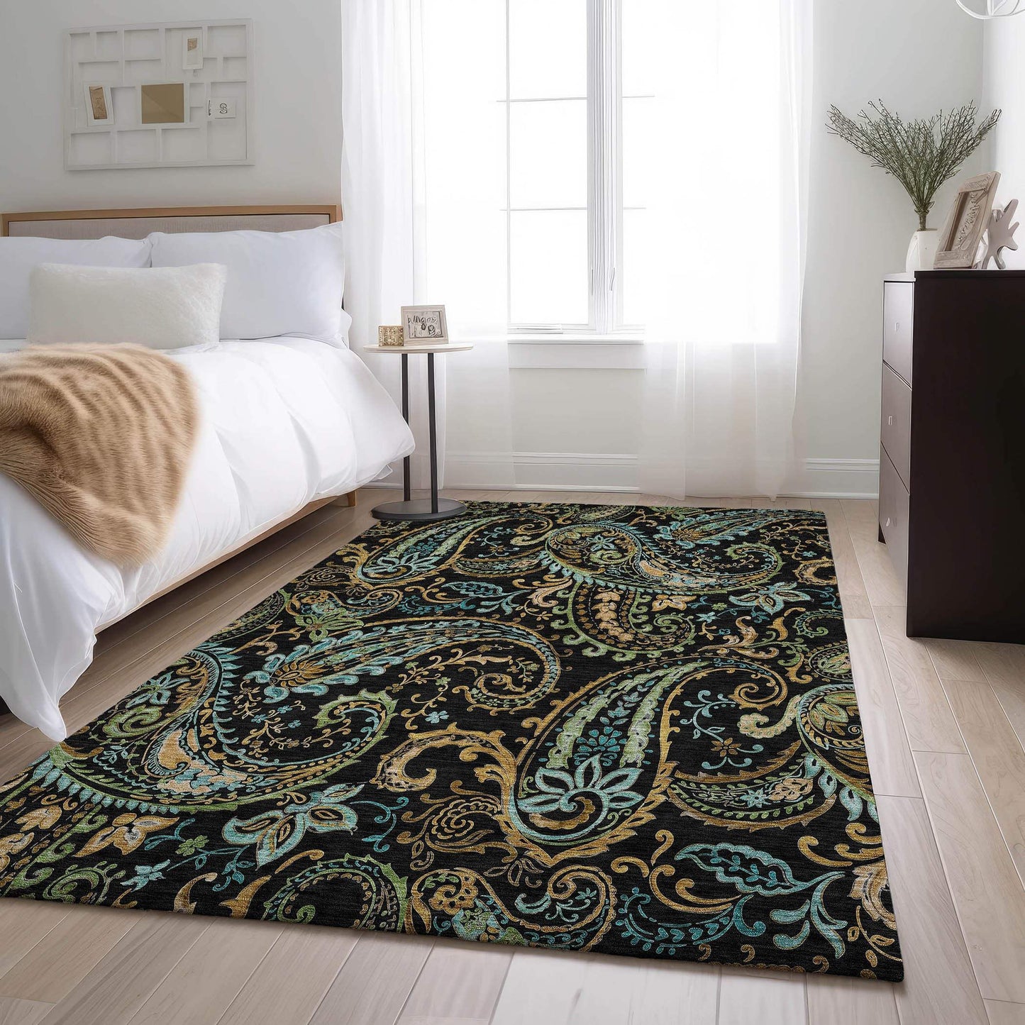 5' X 8' Black Blue And Green Paisley Washable Area Rug With UV Protection - HomeRoots - Flyclothing LLC
