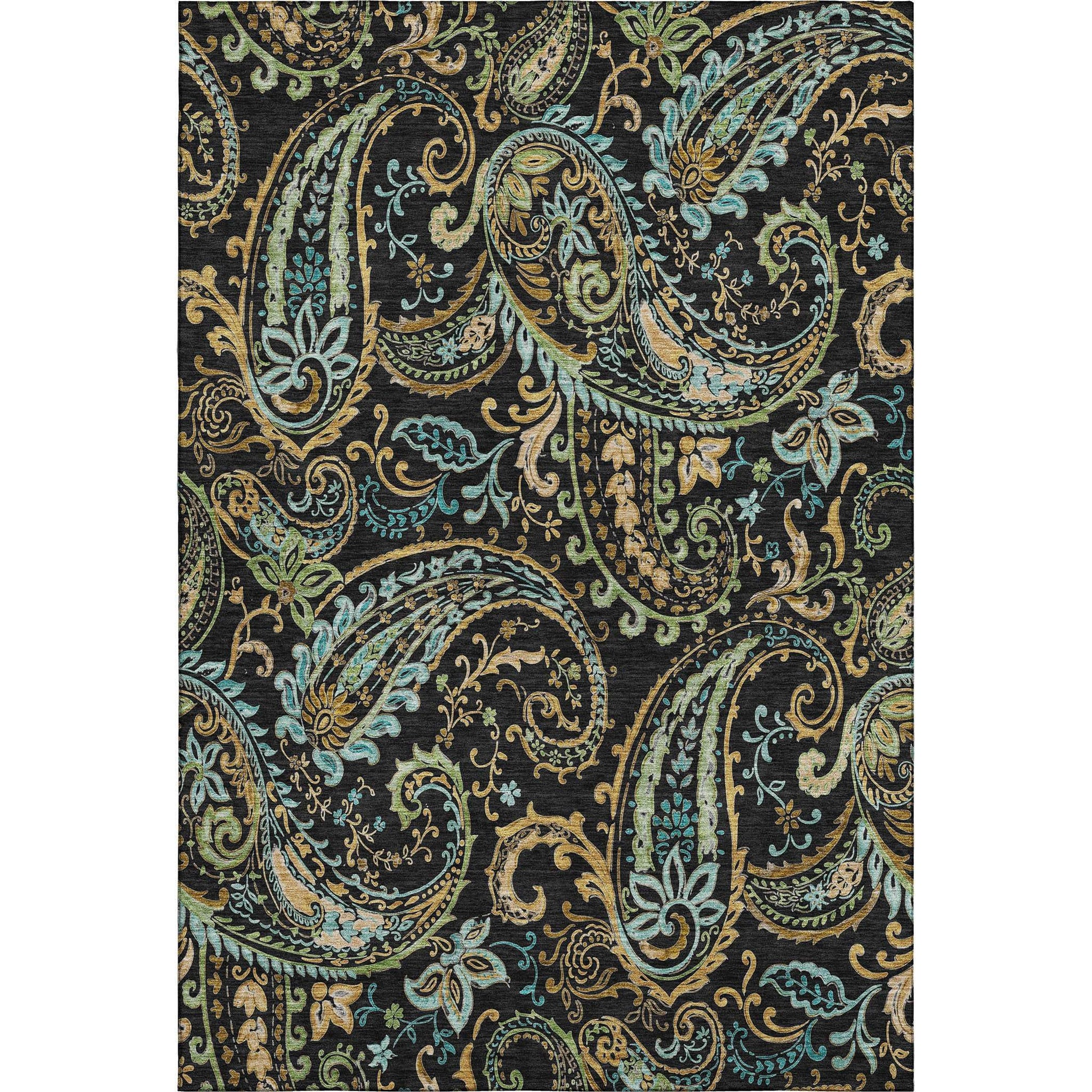 5' X 8' Black Blue And Green Paisley Washable Area Rug With UV Protection - HomeRoots - Flyclothing LLC
