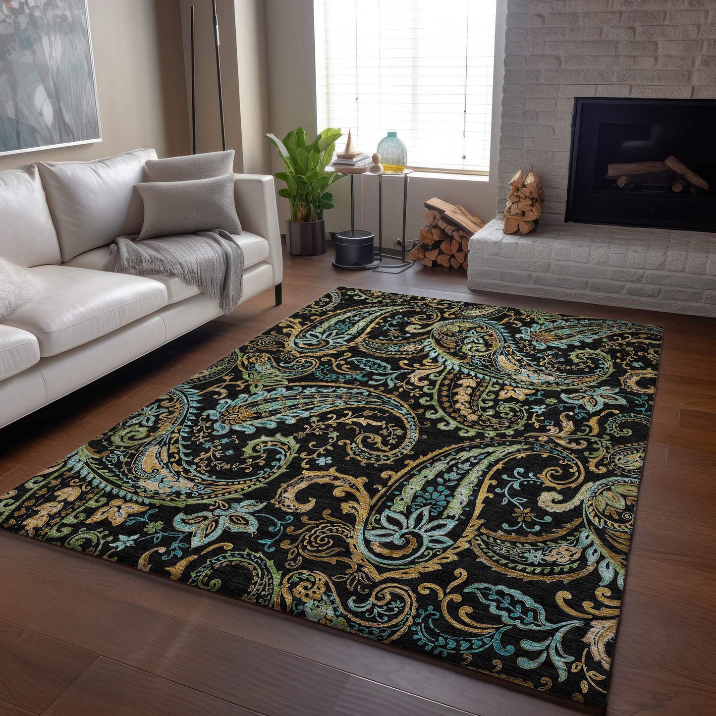 5' X 8' Black Blue And Green Paisley Washable Area Rug With UV Protection - HomeRoots - Flyclothing LLC