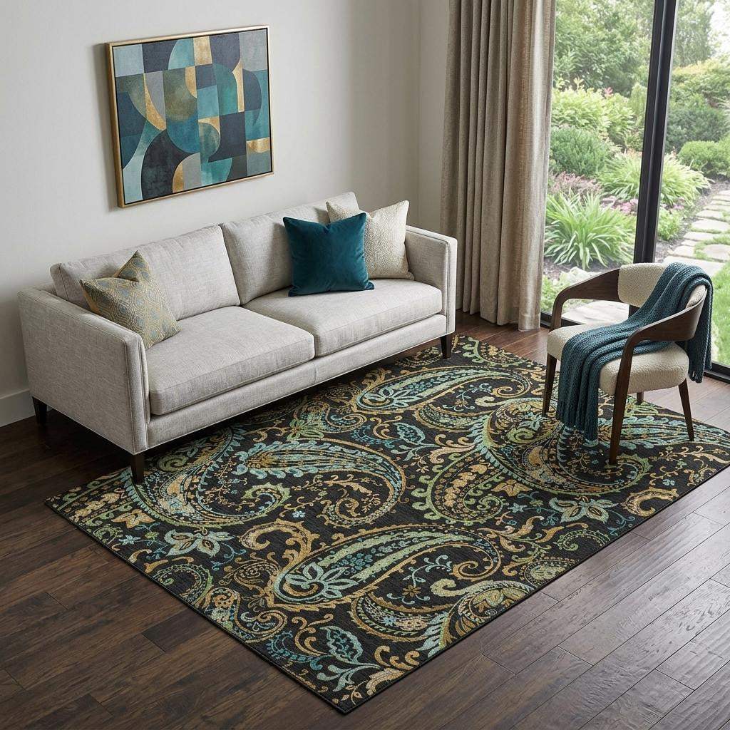 5' X 8' Black Blue And Green Paisley Washable Area Rug With UV Protection - HomeRoots - Flyclothing LLC