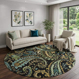 8' Black Blue And Green Paisley Washable Round Rug With UV Protection - HomeRoots - Flyclothing LLC