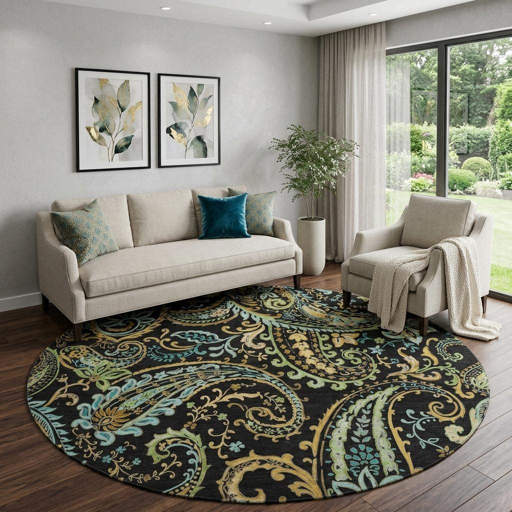 8' Black Blue And Green Paisley Washable Round Rug With UV Protection - HomeRoots - Flyclothing LLC