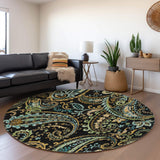 8' Black Blue And Green Paisley Washable Round Rug With UV Protection - HomeRoots - Flyclothing LLC