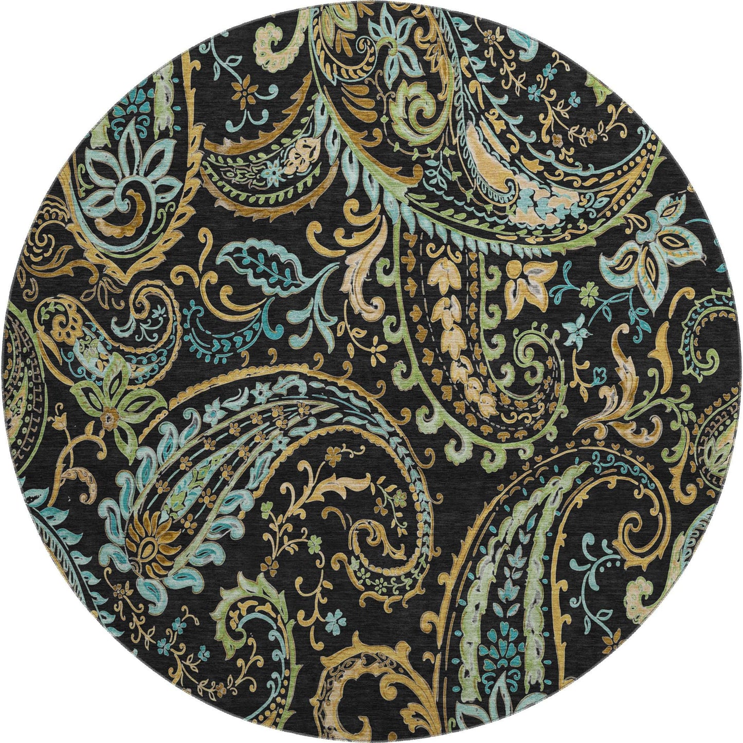 8' Black Blue And Green Paisley Washable Round Rug With UV Protection - HomeRoots - Flyclothing LLC