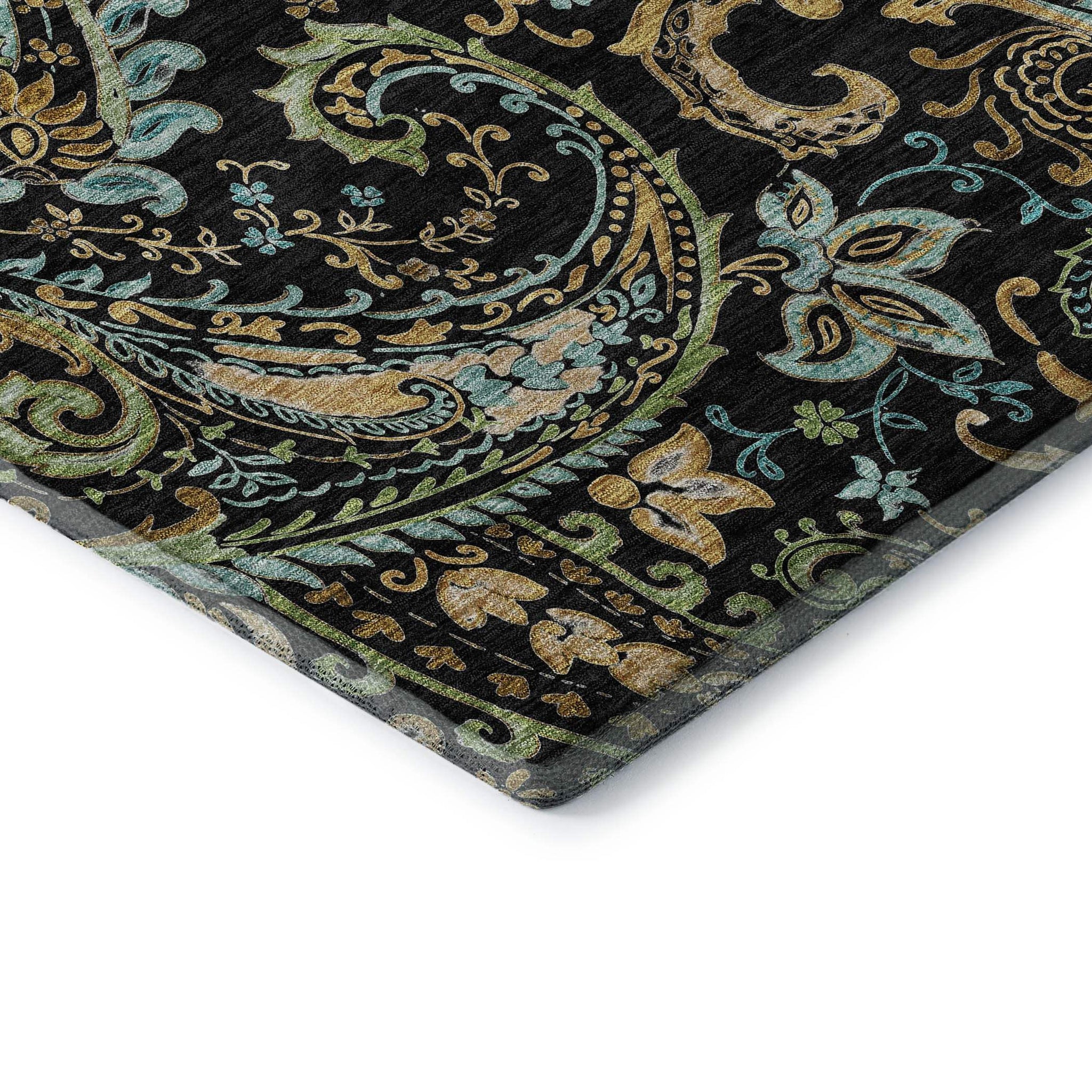 8' X 10' Black Blue And Green Paisley Washable Area Rug With UV Protection - HomeRoots - Flyclothing LLC