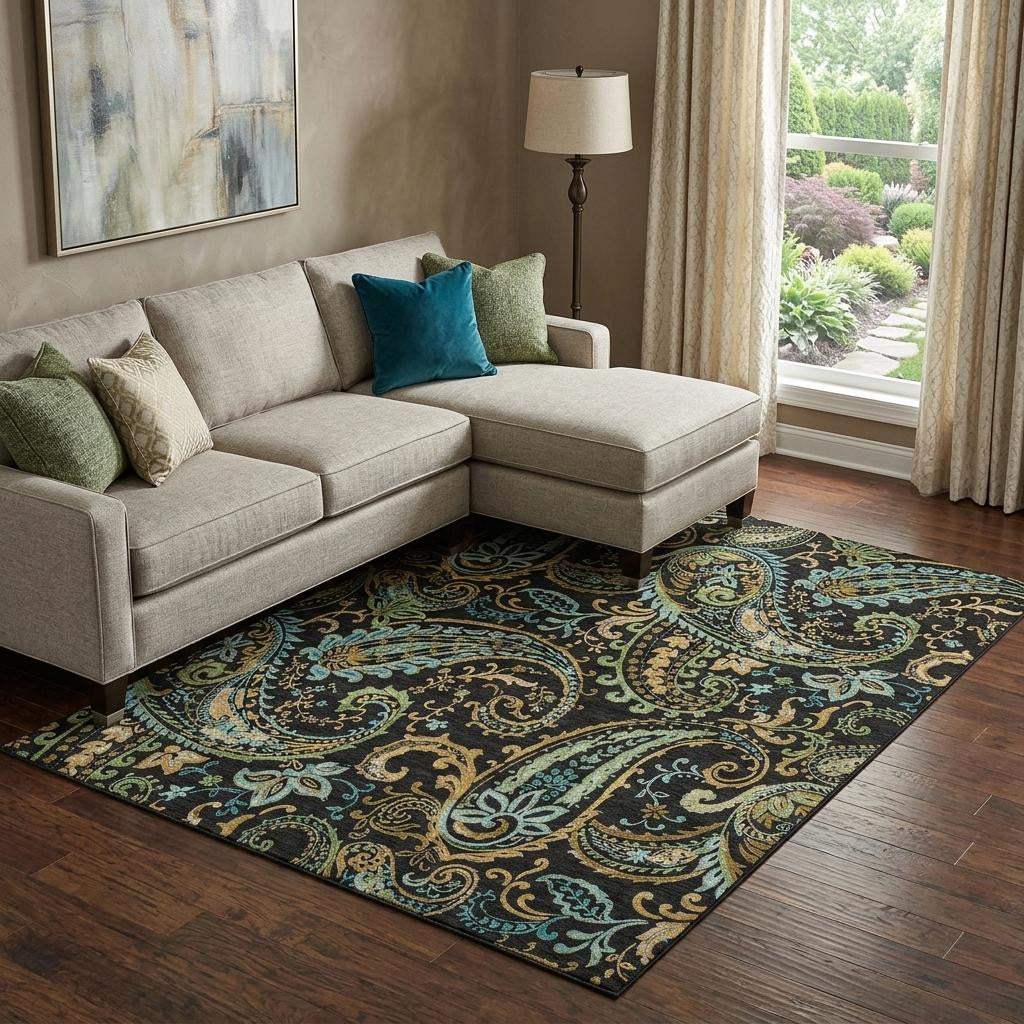 9' X 12' Black Blue And Green Paisley Washable Area Rug With UV Protection - HomeRoots - Flyclothing LLC