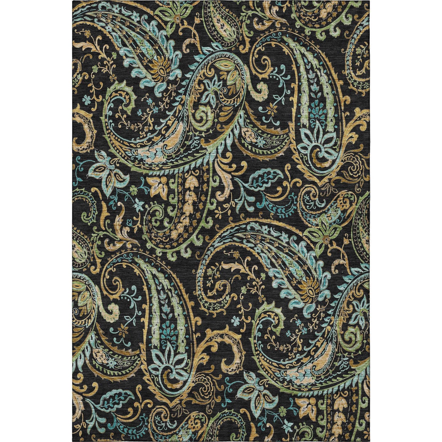 9' X 12' Black Blue And Green Paisley Washable Area Rug With UV Protection - HomeRoots - Flyclothing LLC