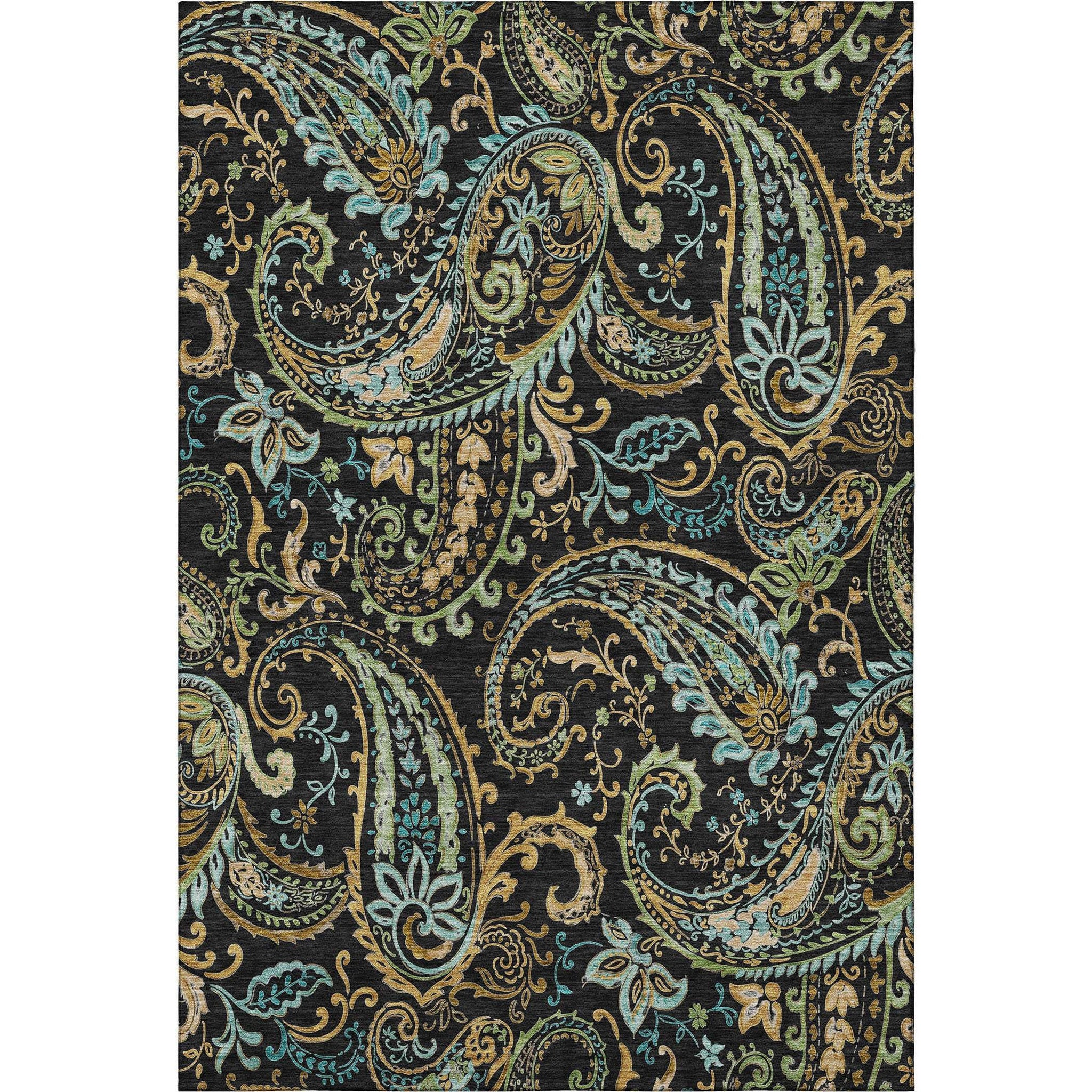 9' X 12' Black Blue And Green Paisley Washable Area Rug With UV Protection - HomeRoots - Flyclothing LLC