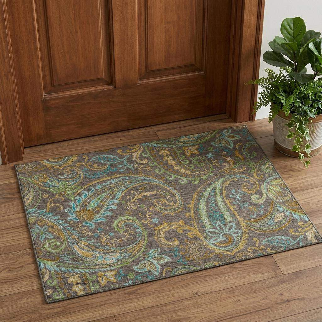 3' X 5' Chocolate Blue And Green Paisley Washable Area Rug With UV Protection - HomeRoots - Flyclothing LLC