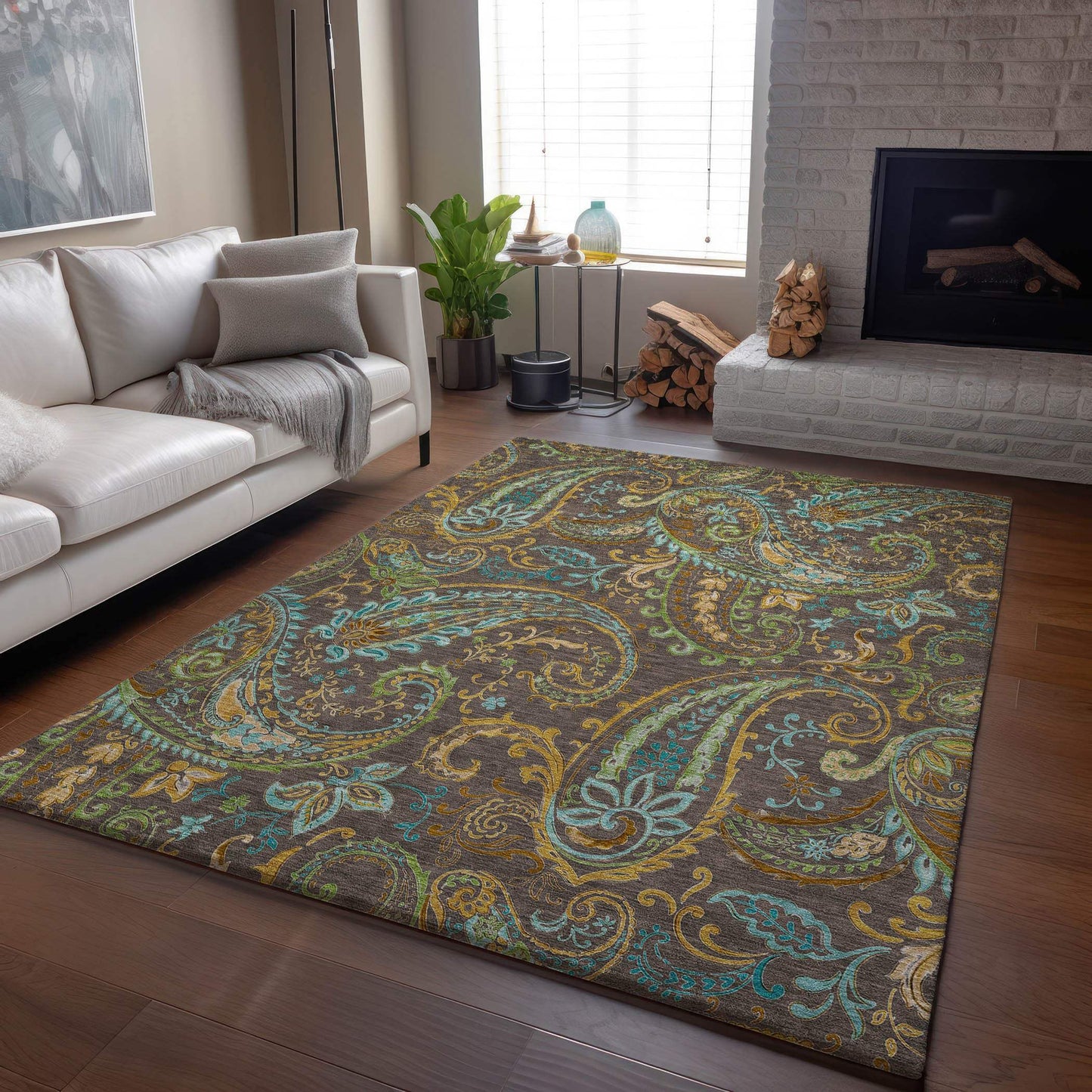 3' X 5' Chocolate Blue And Green Paisley Washable Area Rug With UV Protection - HomeRoots - Flyclothing LLC