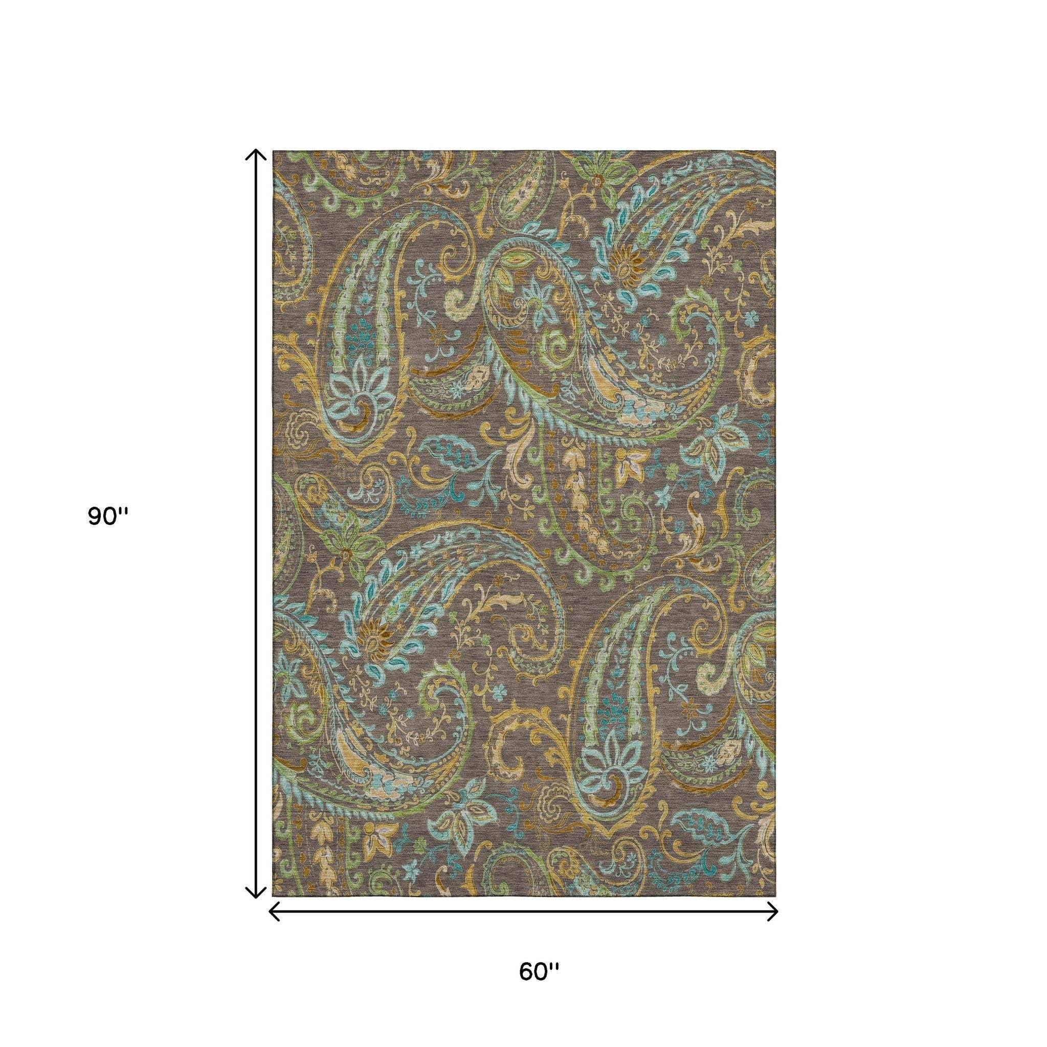 5' X 8' Chocolate Blue And Green Paisley Distressed Washable Area Rug With UV Protection - HomeRoots - Flyclothing LLC