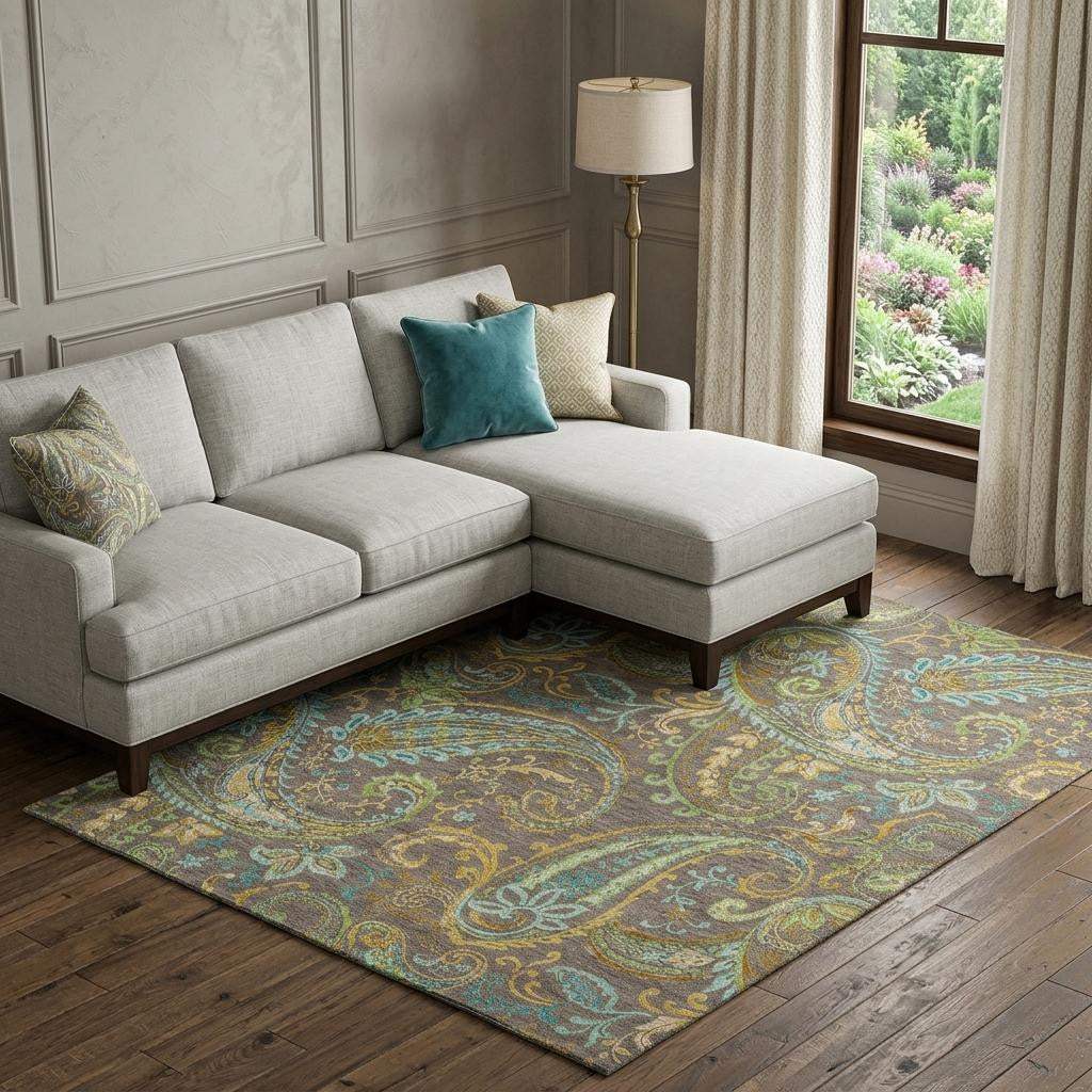 8' X 10' Chocolate Blue And Green Paisley Washable Area Rug With UV Protection - HomeRoots - Flyclothing LLC